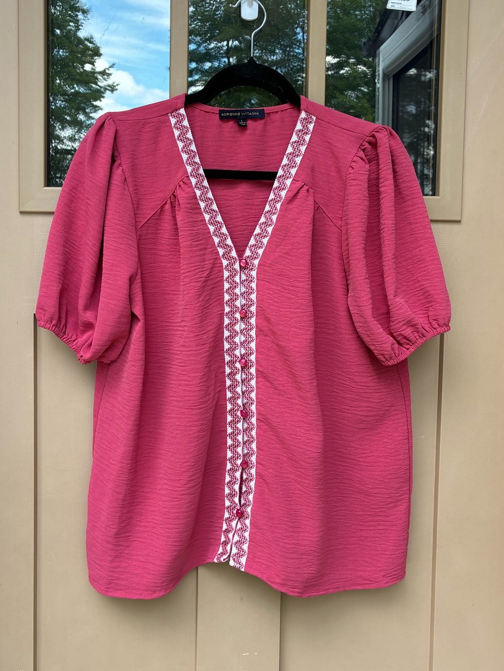 Adrienne Vittadini Blouse Pink V Neck Embroidered Women's Large